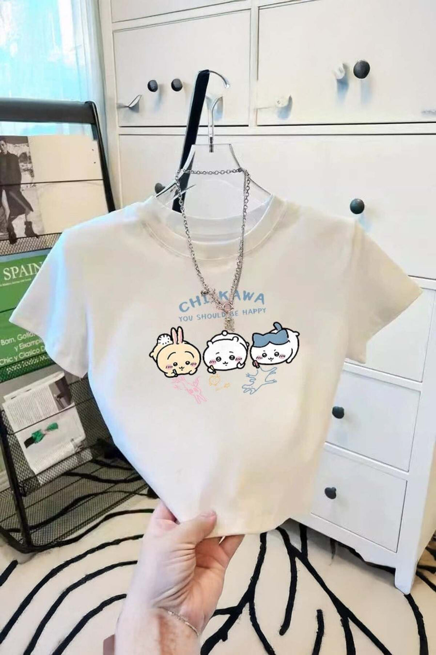 Beyaz Chiikawa ''You Should Be Happy'' Y2K Kısa Kollu Crop - None Wear