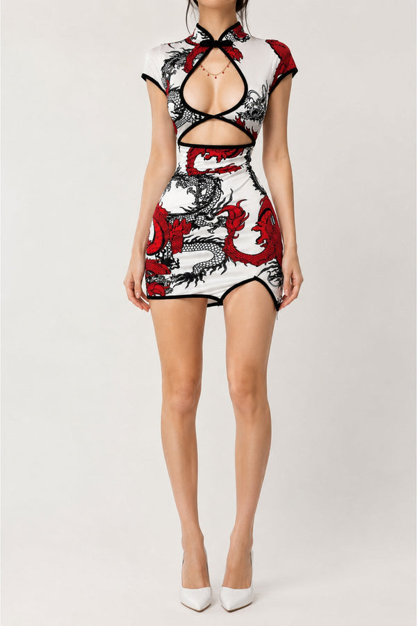 Beyaz Ejderha Motifli Pencere Detaylı Şeritli Qipao Elbise - None Wear