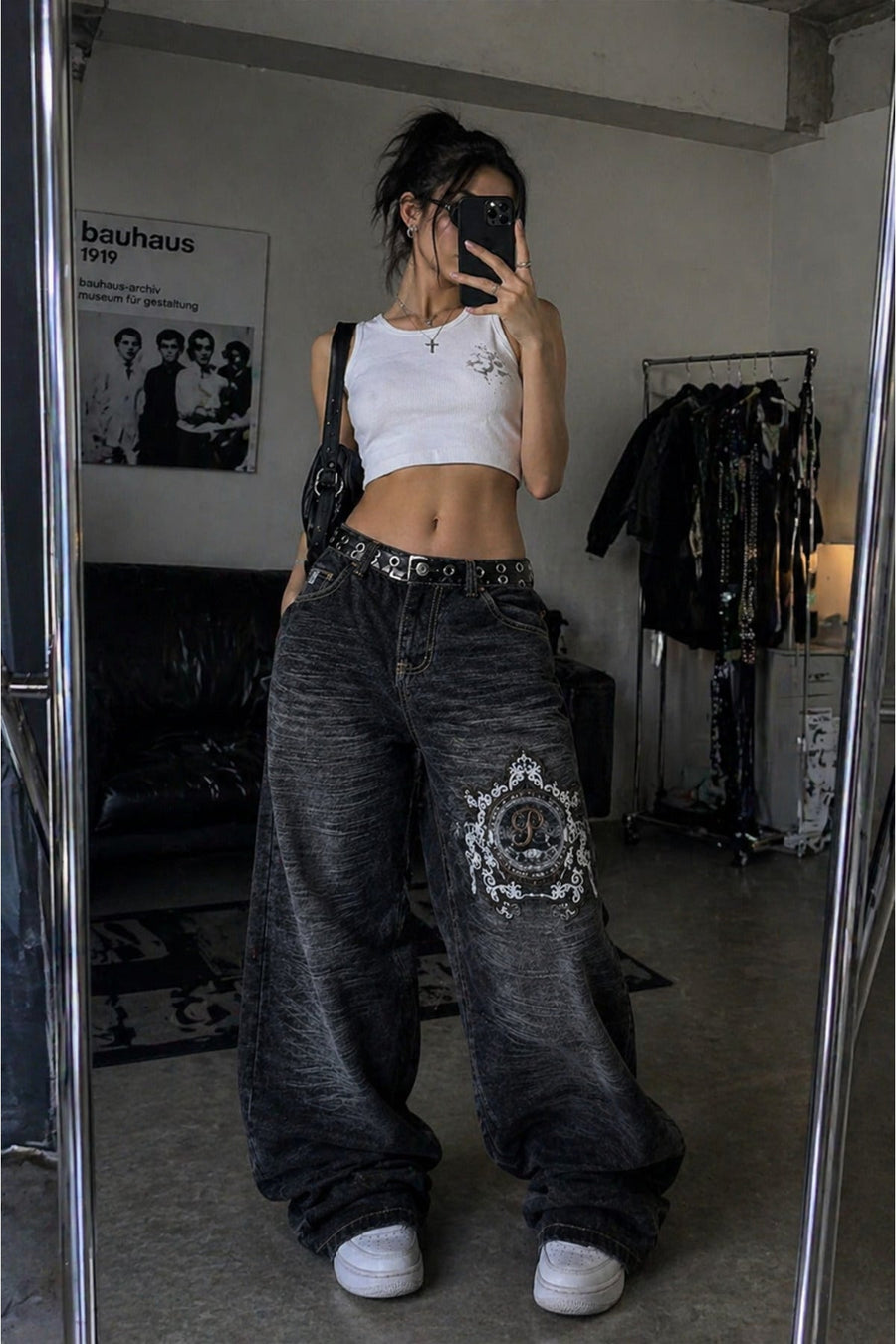 Siyah Yıkamalı P Patchli Vintage Baggy Y2K Pantolon - None Wear