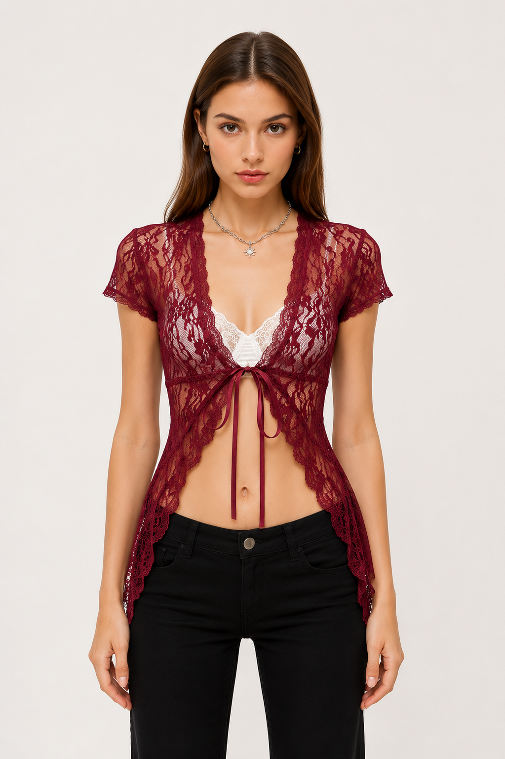 Bordo Dantelli Bağlamalı Bolero Y2K Kısa Kollu Crop