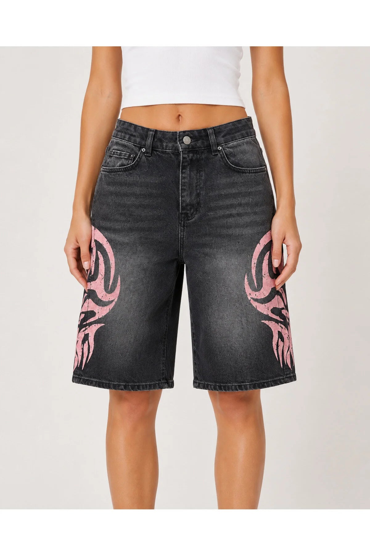 Siyah Taşlamalı Pembe Tribal Baskılı Y2K Unisex Baggy Şort