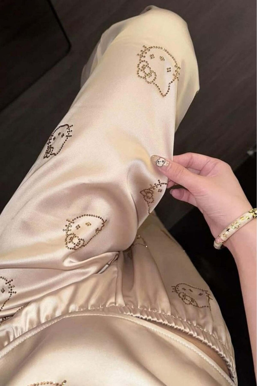 Hello Kitty Baskılı Kadın Bej Askılı Uzun Pantolonlu 2’li Pijama Takımı