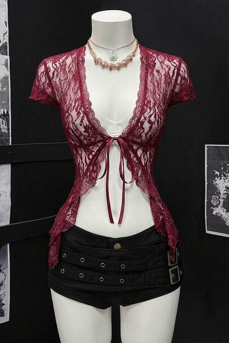 Bordo Dantelli Bağlamalı Bolero Y2K Kısa Kollu Crop