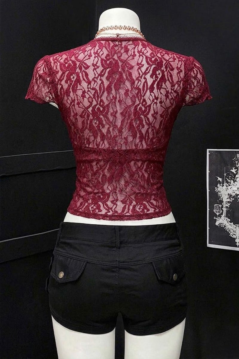 Bordo Dantelli Bağlamalı Bolero Y2K Kısa Kollu Crop