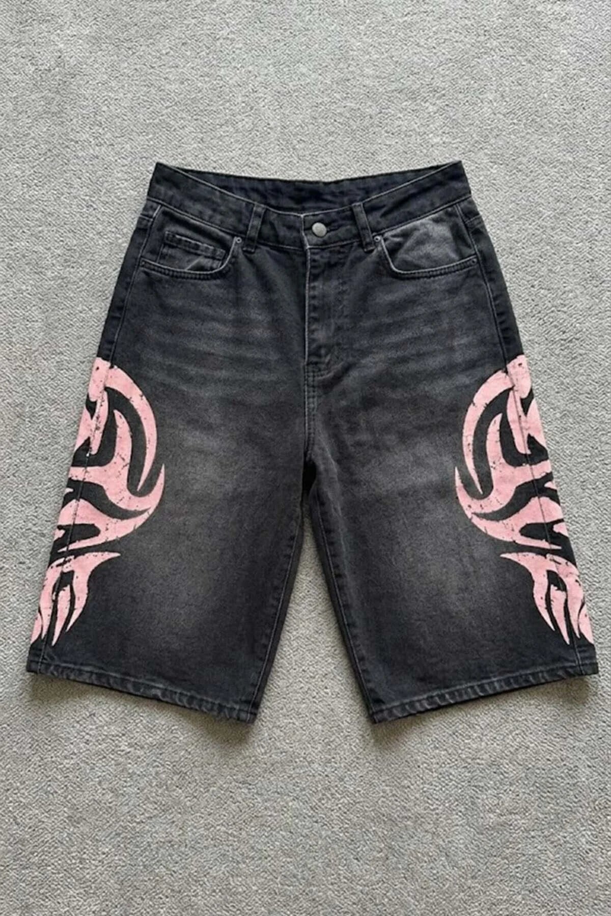 Siyah Taşlamalı Pembe Tribal Baskılı Y2K Unisex Baggy Şort