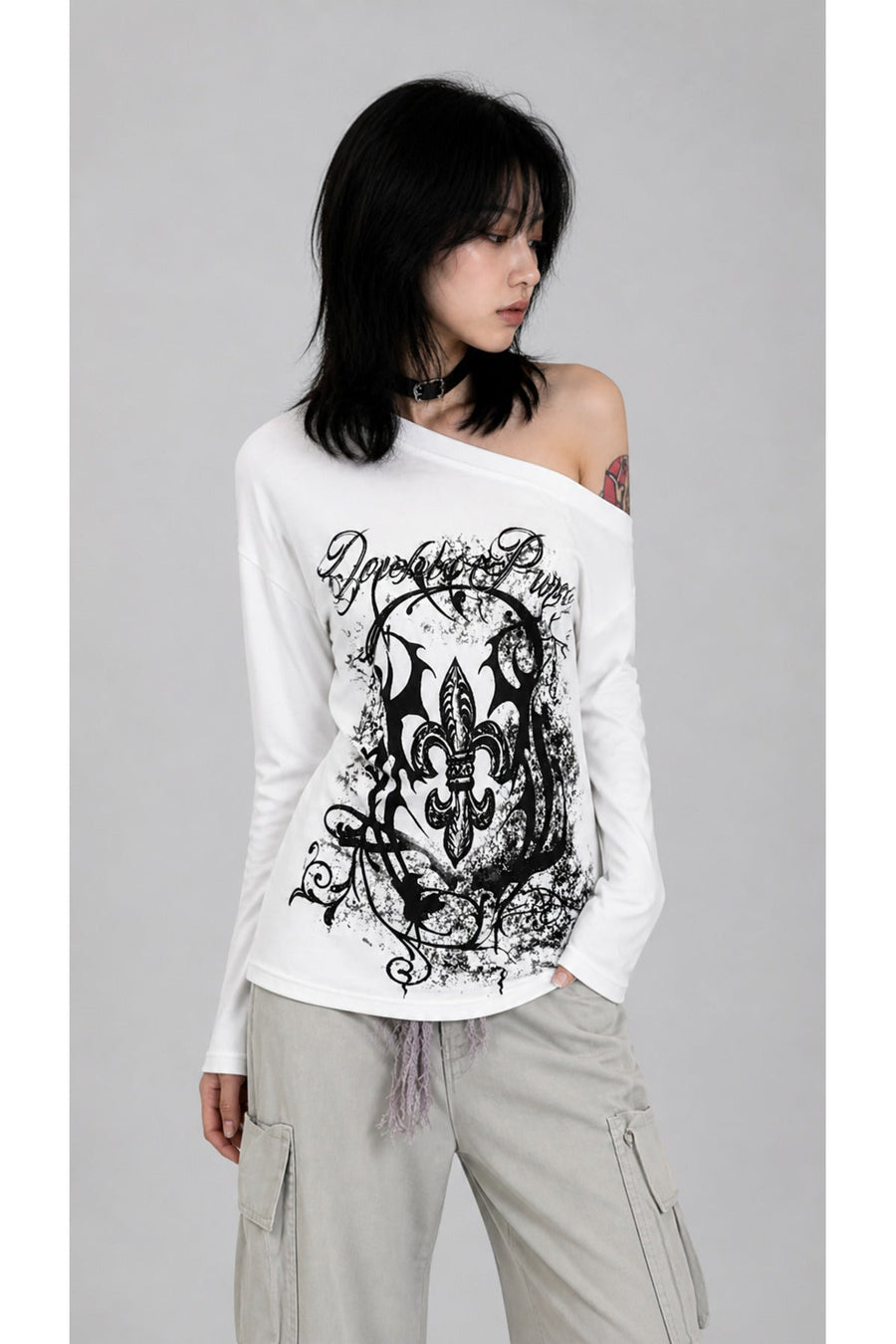 Beyaz Abstract Pattern Gotik Y2K Uzun Kollu Off - Shoulder T-Shirt - None Wear