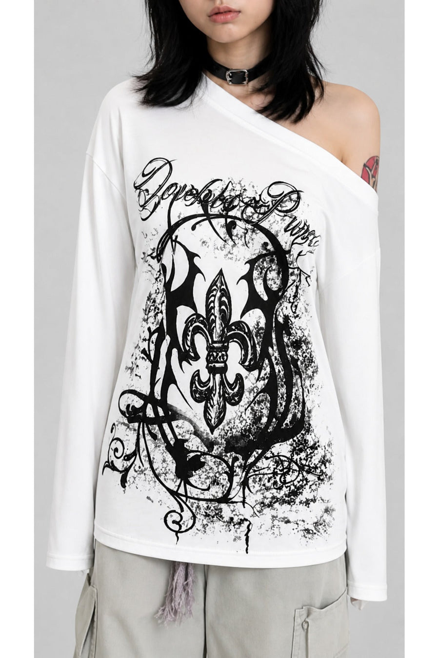 Beyaz Abstract Pattern Gotik Y2K Uzun Kollu Off - Shoulder T-Shirt - None Wear