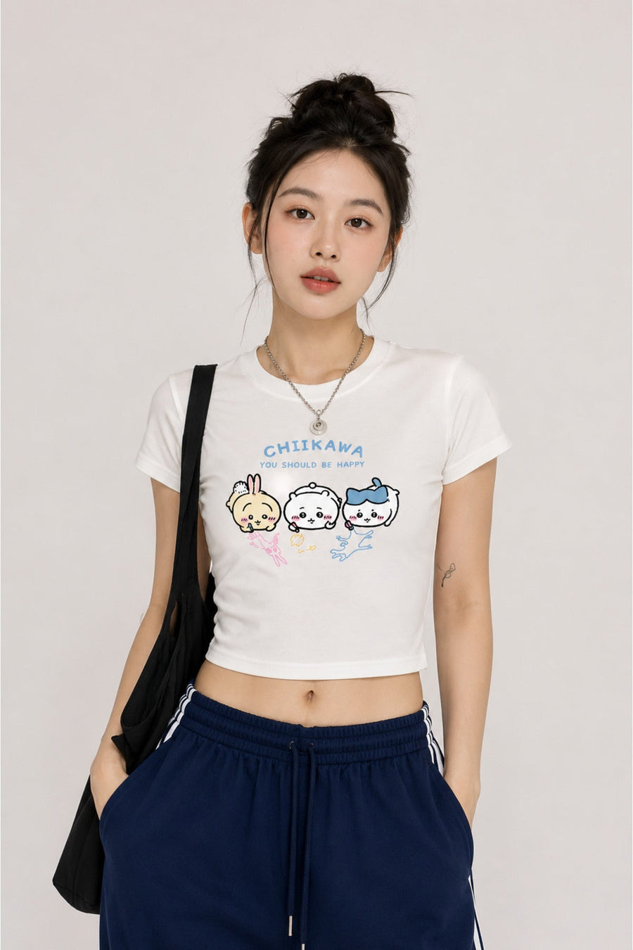 Beyaz Chiikawa ''You Should Be Happy'' Y2K Kısa Kollu Crop - None Wear