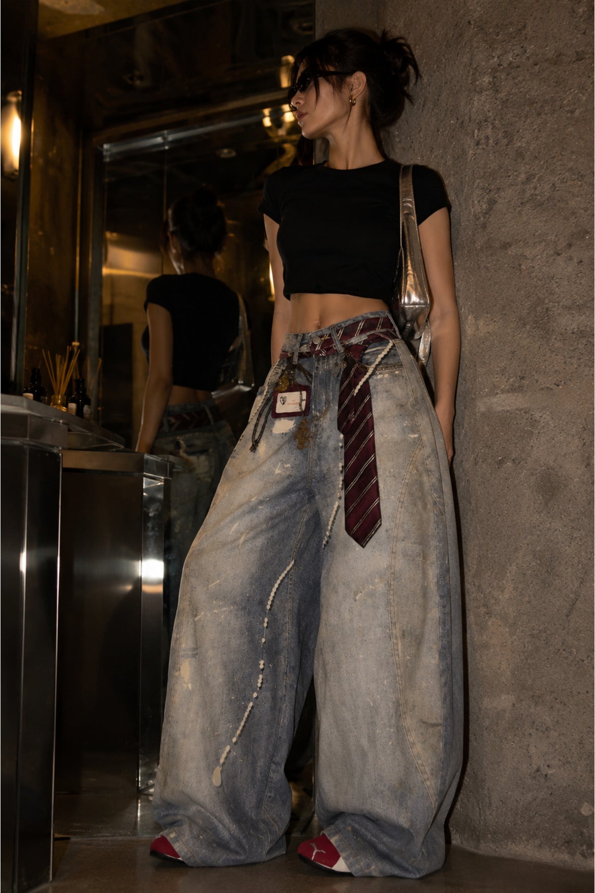 Buz Mavisi Kravat Baskılı Wide Leg Unisex Baggy Pantolon - None Wear