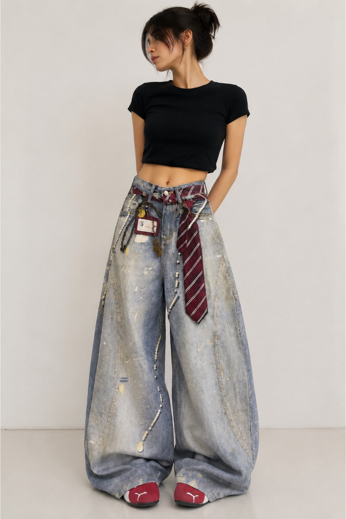 Buz Mavisi Kravat Baskılı Wide Leg Unisex Baggy Pantolon - None Wear