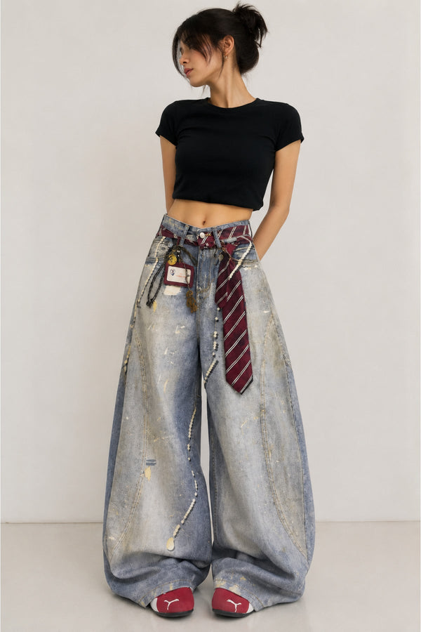 Buz Mavisi Kravat Baskılı Wide Leg Unisex Baggy Pantolon - None Wear