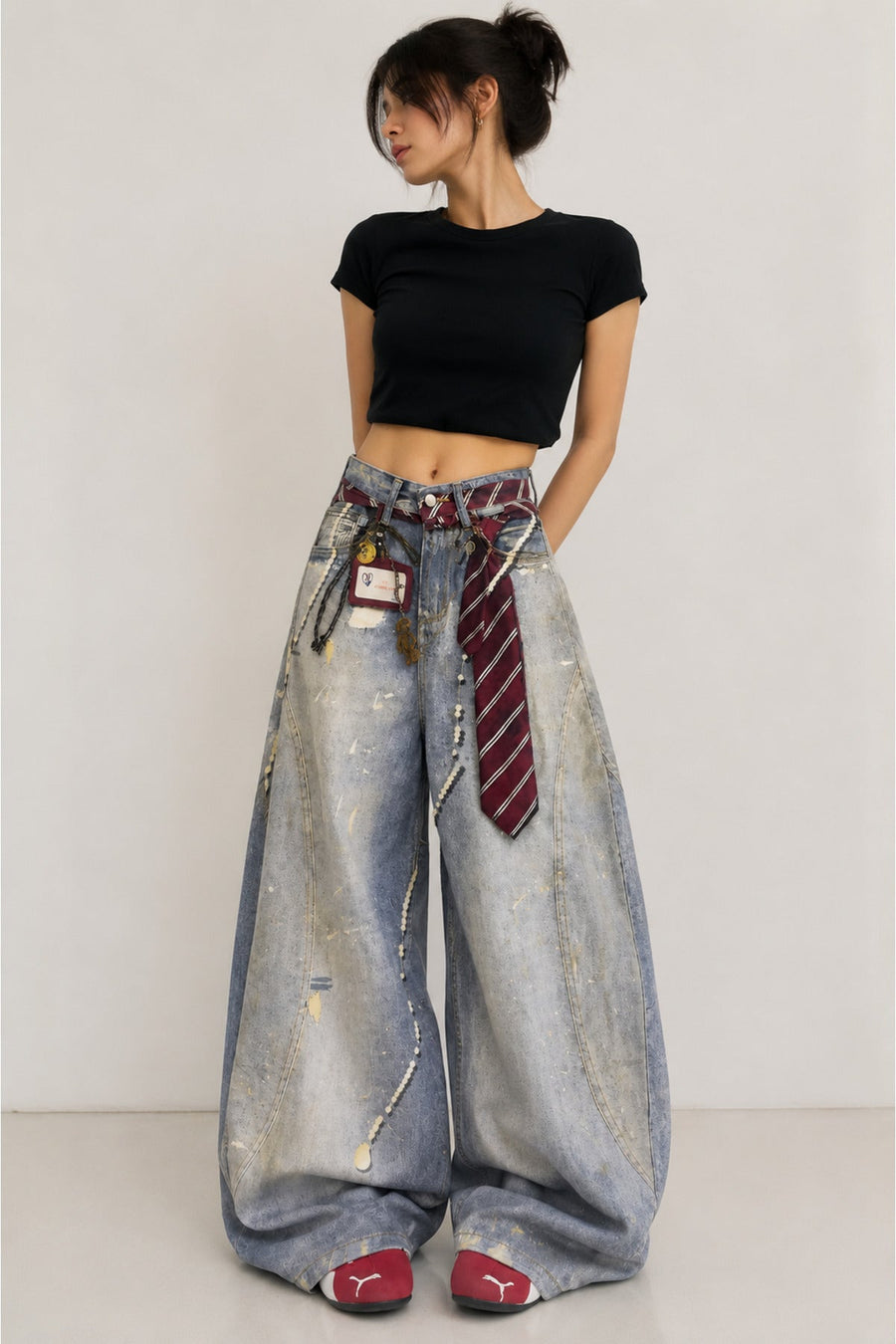 Buz Mavisi Kravat Baskılı Wide Leg Unisex Baggy Pantolon - None Wear