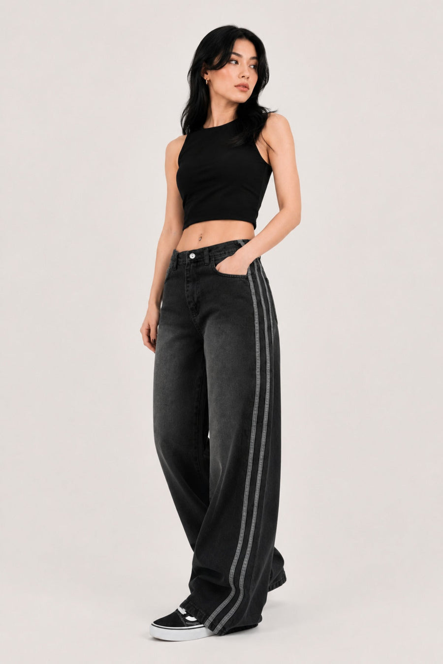 Füme Yıkamalı Yan Şerit Detaylı Baggy Jean Pantolon Y2K Wide Leg - None Wear