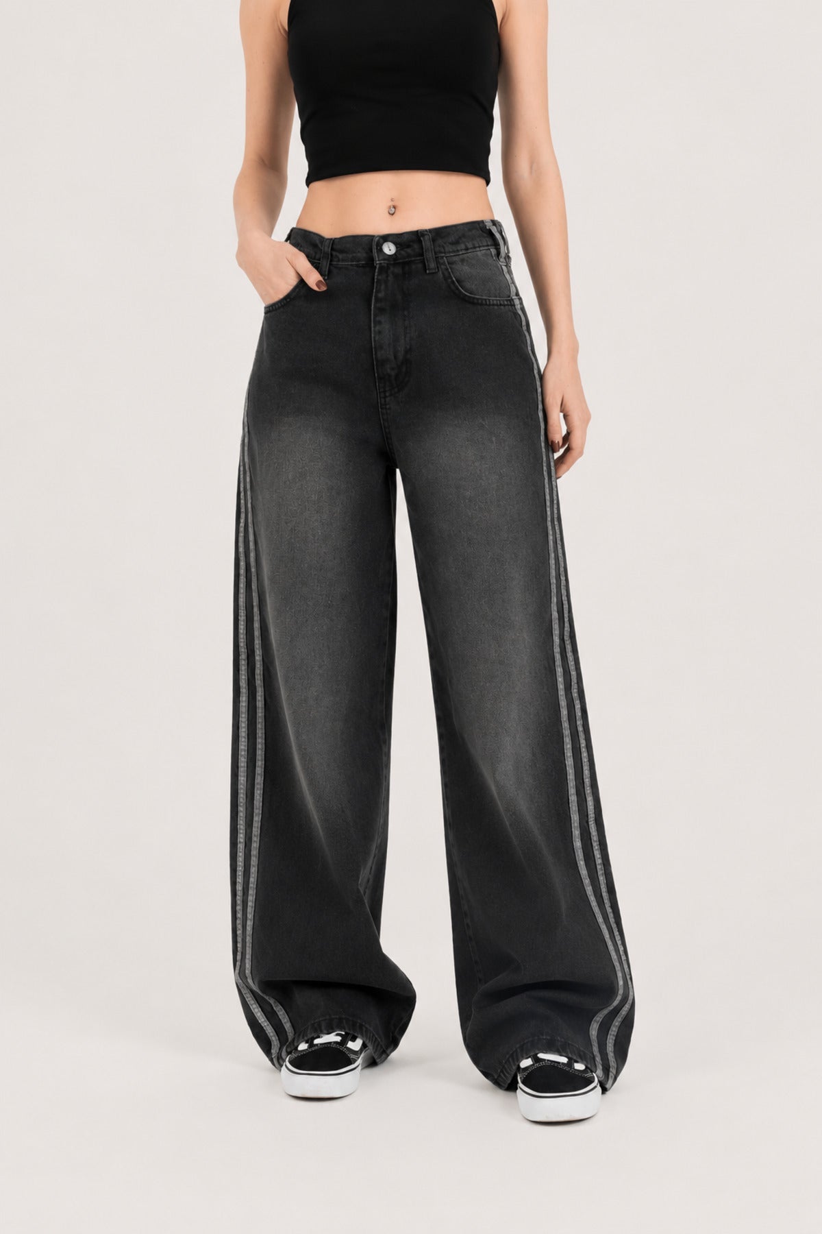 Füme Yıkamalı Yan Şerit Detaylı Baggy Jean Pantolon Y2K Wide Leg - None Wear