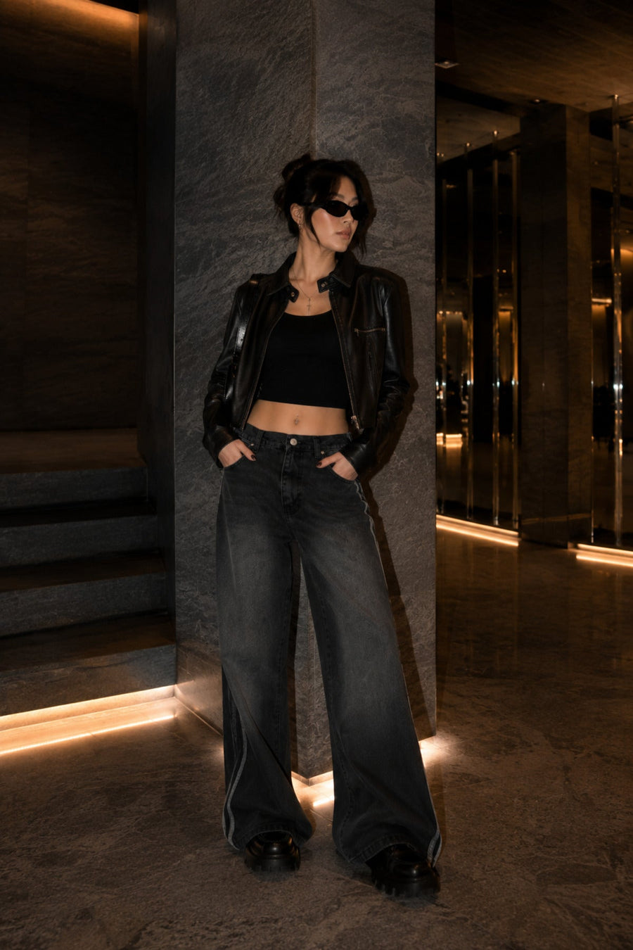 Füme Yıkamalı Yan Şerit Detaylı Baggy Jean Pantolon Y2K Wide Leg - None Wear