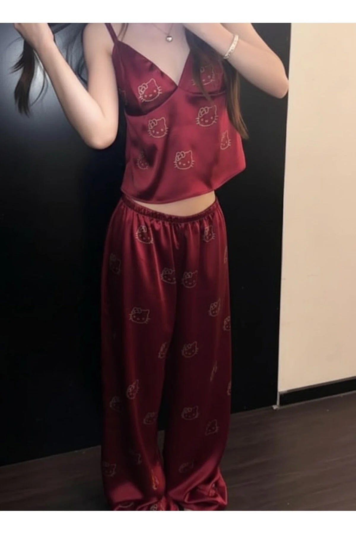Hello Kitty Baskılı Kadın Bej Askılı Uzun Pantolonlu 2’li Pijama Takımı - None Wear