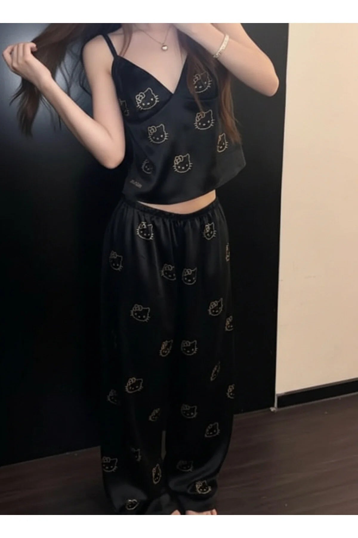 Hello Kitty Baskılı Kadın Bej Askılı Uzun Pantolonlu 2’li Pijama Takımı - None Wear