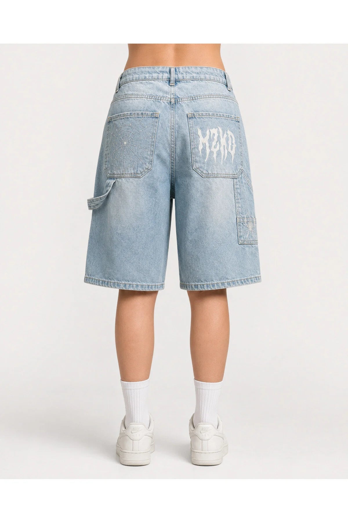 Mavi Taşlamalı MZKD Spider Y2K Baggy Unisex Şort - None Wear