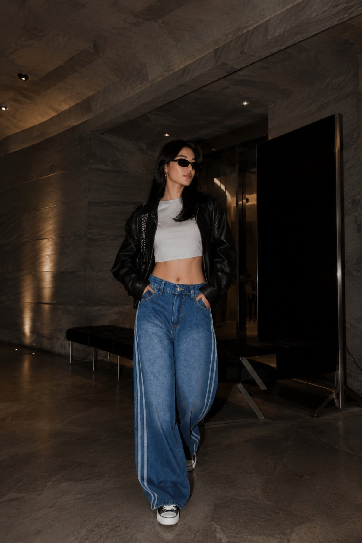 Mavi Yıkamalı Yan Şeritli Oversize Baggy Jean Y2K Wide Leg Pantolon - None Wear
