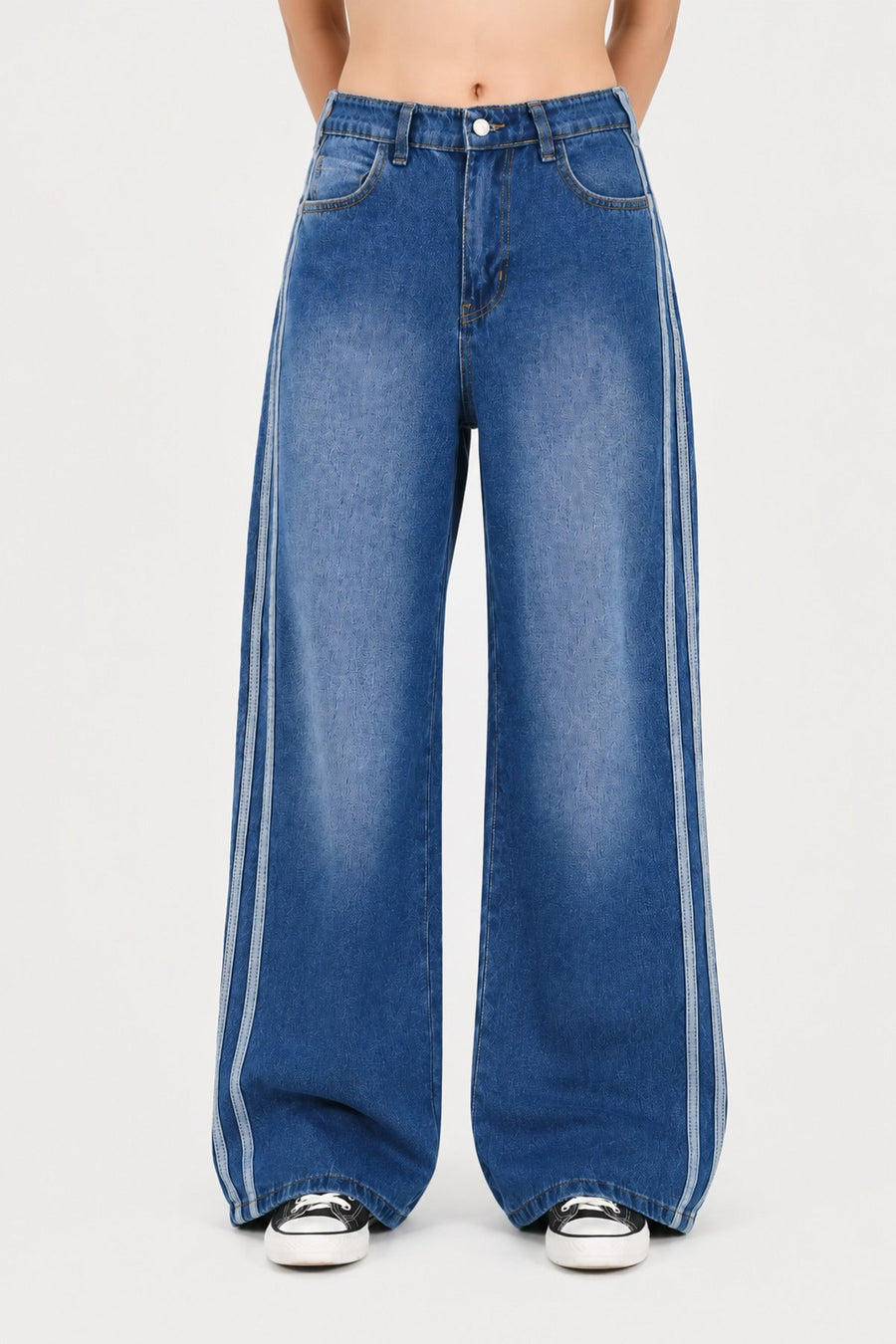 Mavi Yıkamalı Yan Şeritli Oversize Baggy Jean Y2K Wide Leg Pantolon - None Wear
