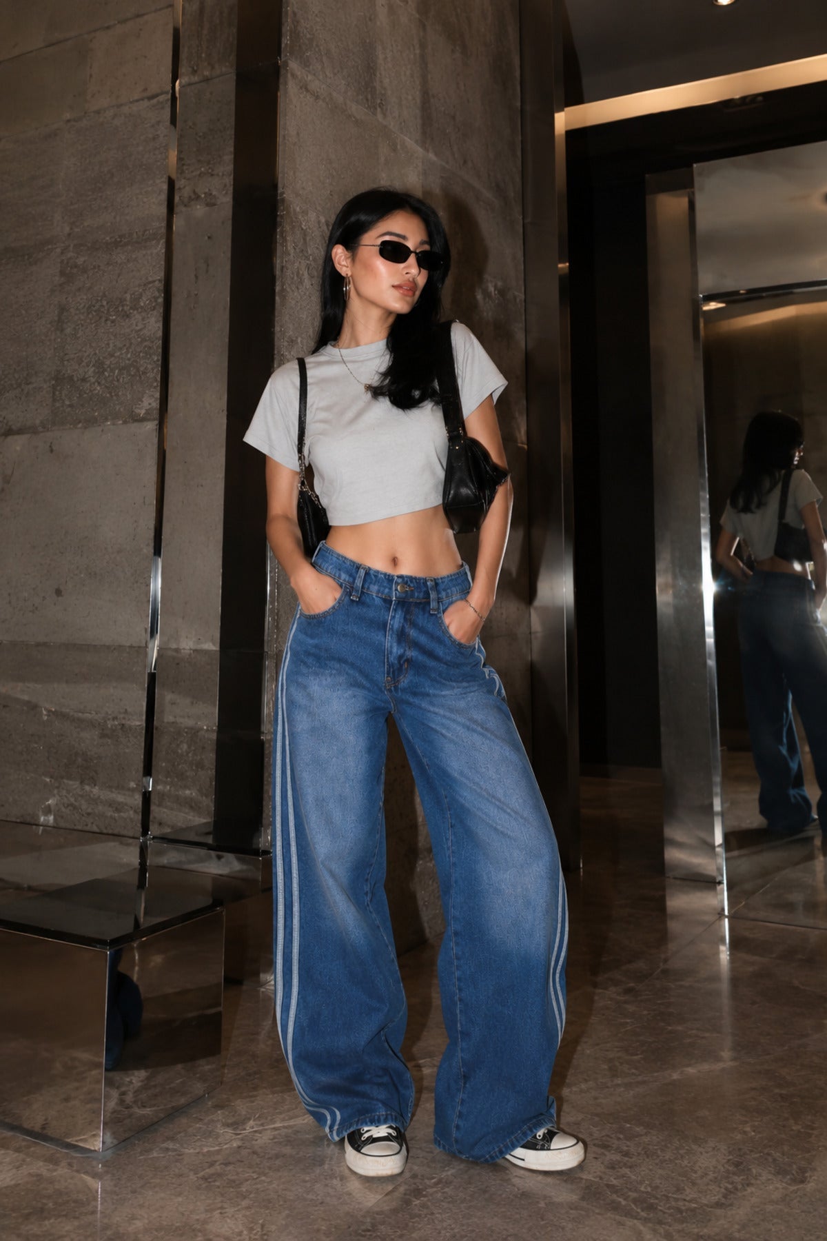 Mavi Yıkamalı Yan Şeritli Oversize Baggy Jean Y2K Wide Leg Pantolon - None Wear