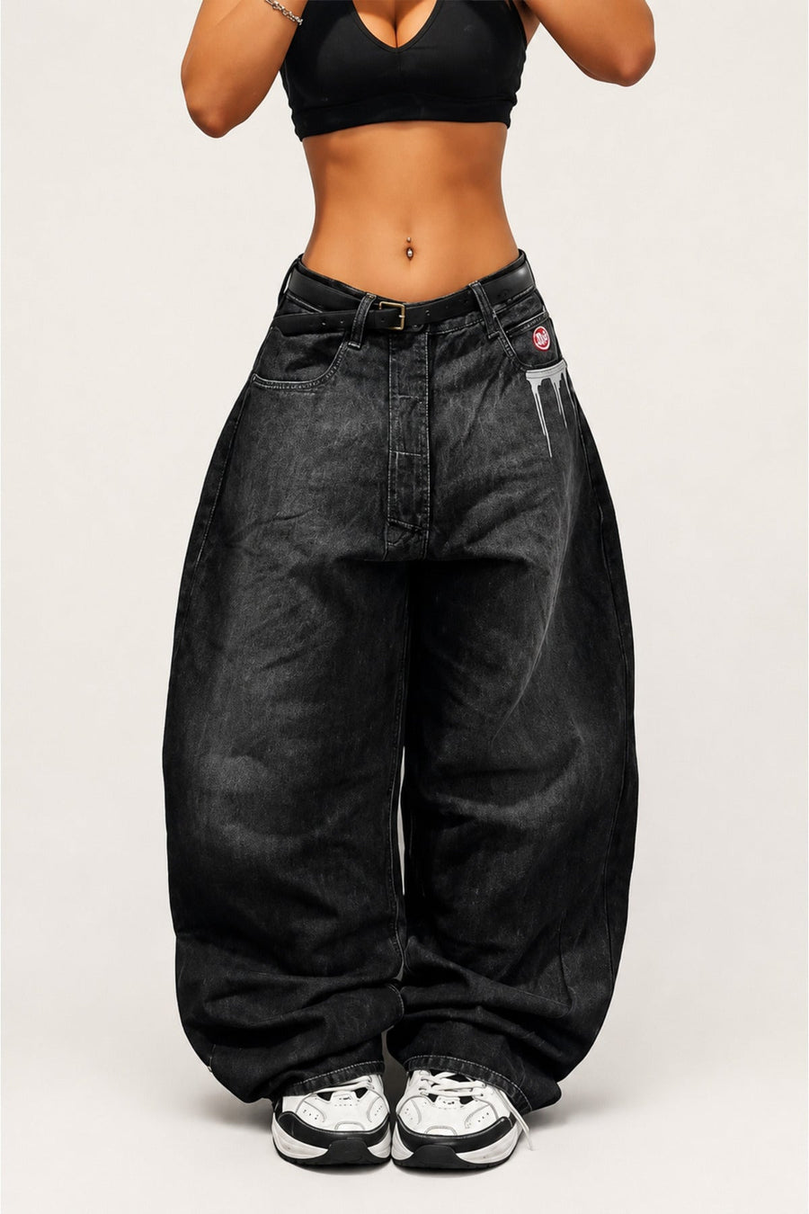 Siyah Grafiti Yıkamalı Harajuku Baggy Y2K Pantolon - None Wear