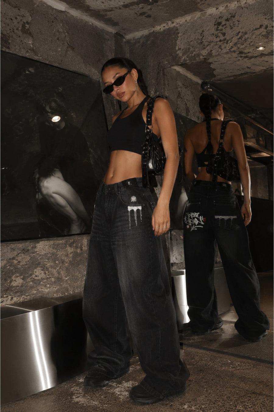 Siyah Grafiti Yıkamalı Harajuku Baggy Y2K Pantolon - None Wear