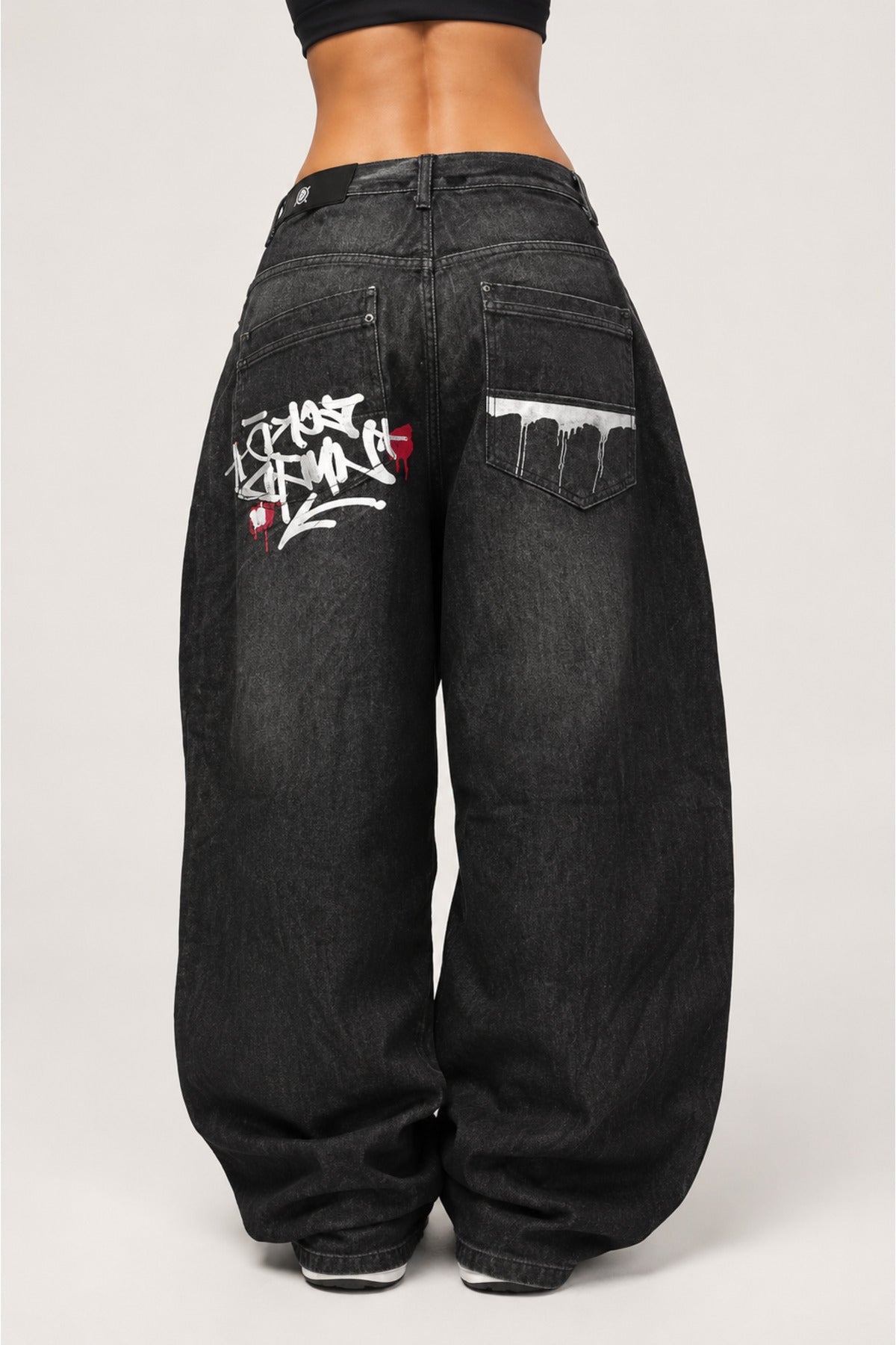 Siyah Grafiti Yıkamalı Harajuku Baggy Y2K Pantolon - None Wear