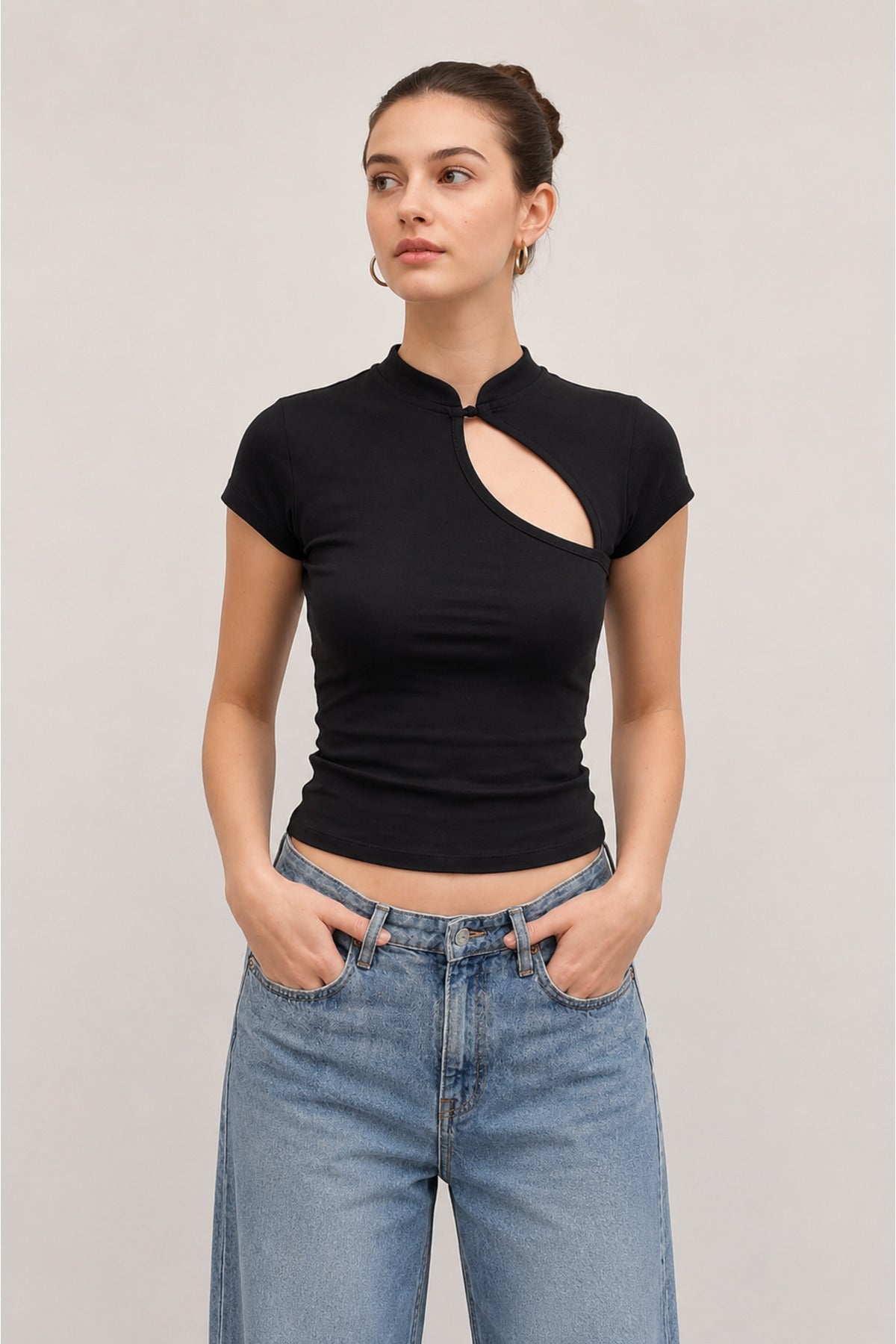 Siyah Mandarin Yaka Düz Qipao Y2K Kısa Kollu Crop - None Wear