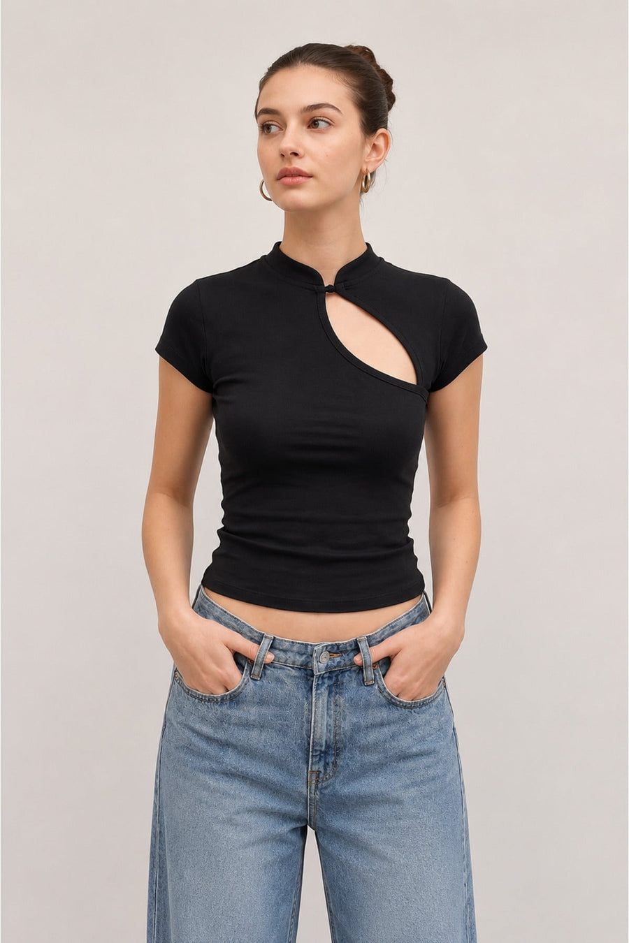 Siyah Mandarin Yaka Düz Qipao Y2K Kısa Kollu Crop - None Wear
