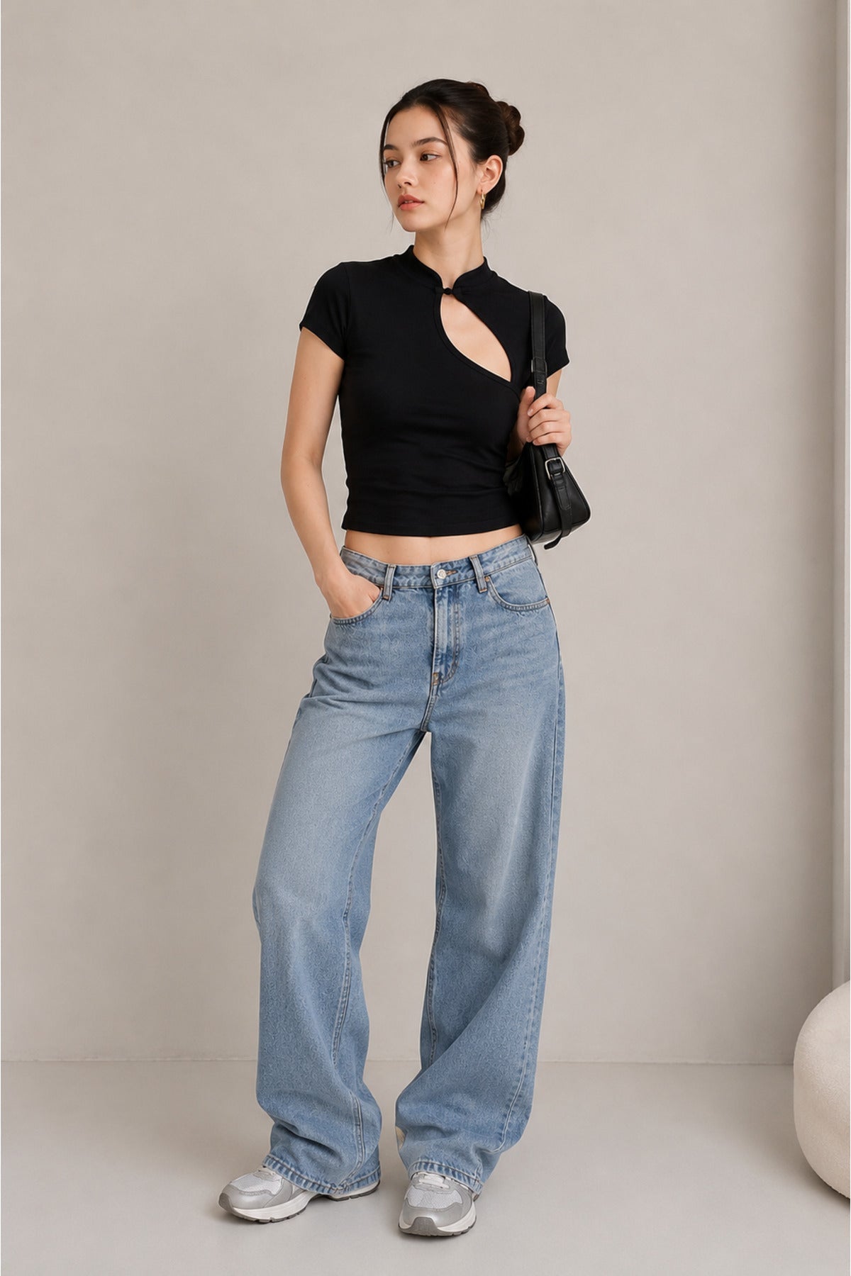 Siyah Mandarin Yaka Düz Qipao Y2K Kısa Kollu Crop - None Wear