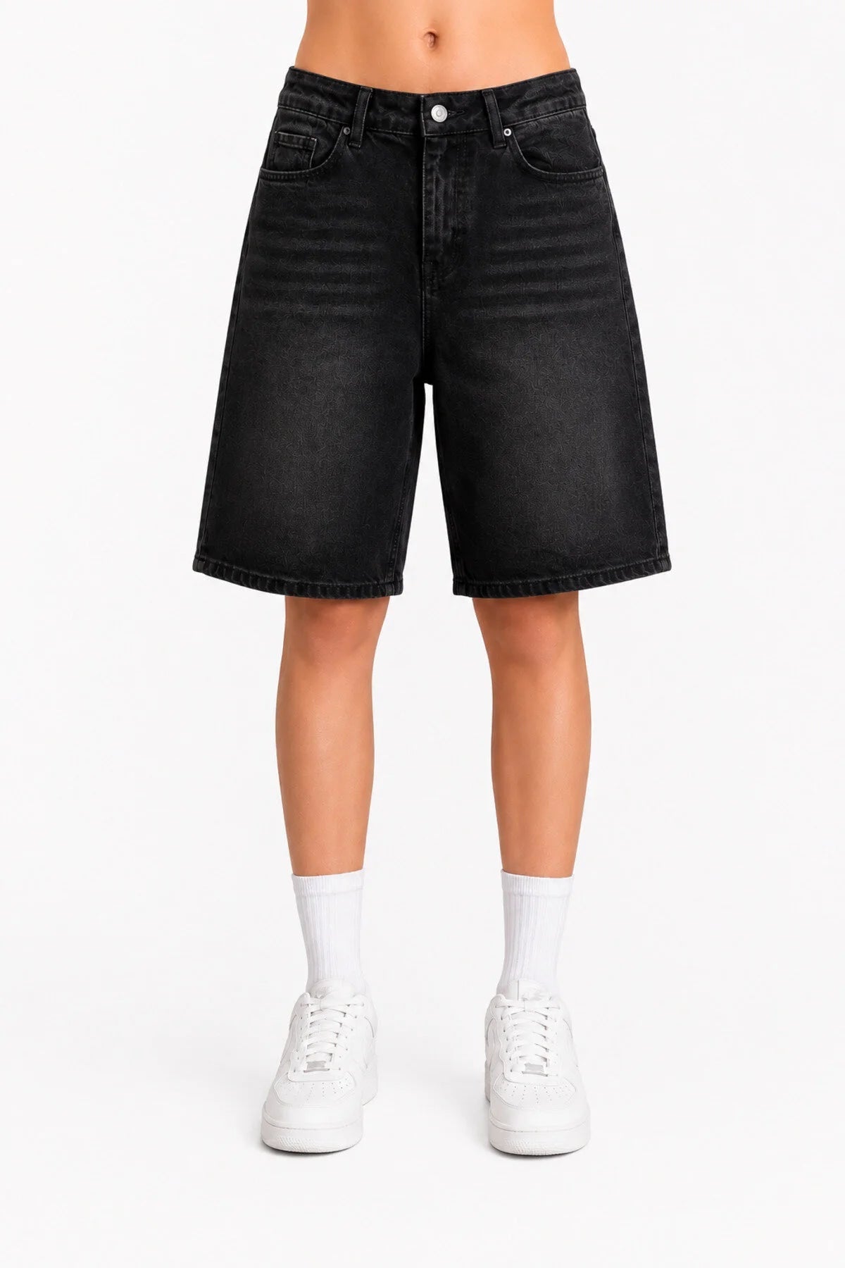 Siyah Taşlamalı Beyaz MZKD Spider Y2K Baggy Unisex Şort - None Wear