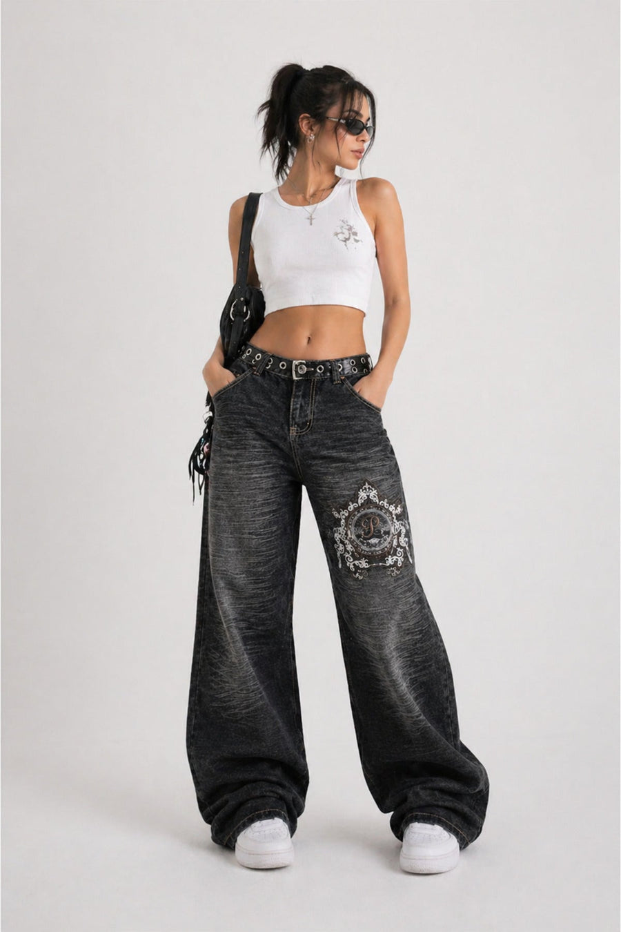 Siyah Yıkamalı P Patchli Vintage Baggy Y2K Pantolon - None Wear