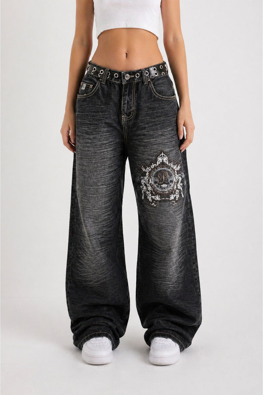 Siyah Yıkamalı P Patchli Vintage Baggy Y2K Pantolon - None Wear