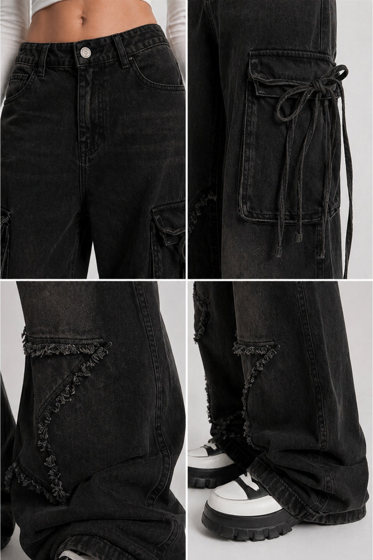 Siyah Yıldız Yamalı Vintage Kargo Cepli Baggy Kot Pantolon - None Wear