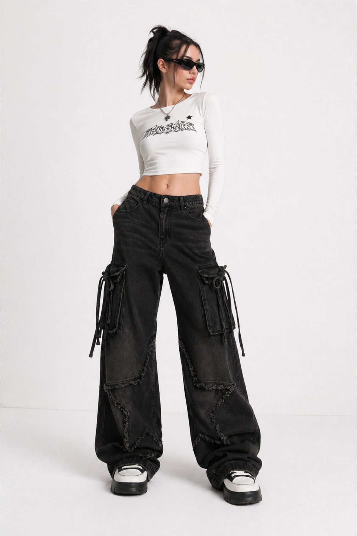 Siyah Yıldız Yamalı Vintage Kargo Cepli Baggy Kot Pantolon - None Wear