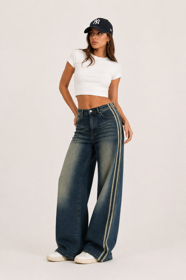 Tint Yıkamalı Yan Şerit Detaylı Baggy Jean Pantolon Y2K Wide Leg - None Wear